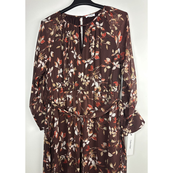 NWT Calvin Klein Floral Keyhole Maxi Dress Size 14 Burgundy Boho Peasant Folk - Picture 4 of 12